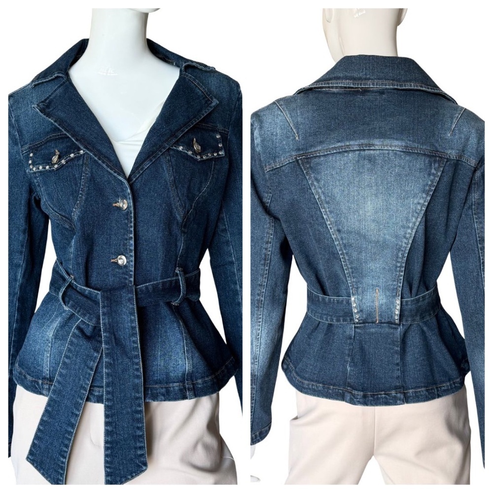 Cache Belted Denim Peplum Jacket Size 10